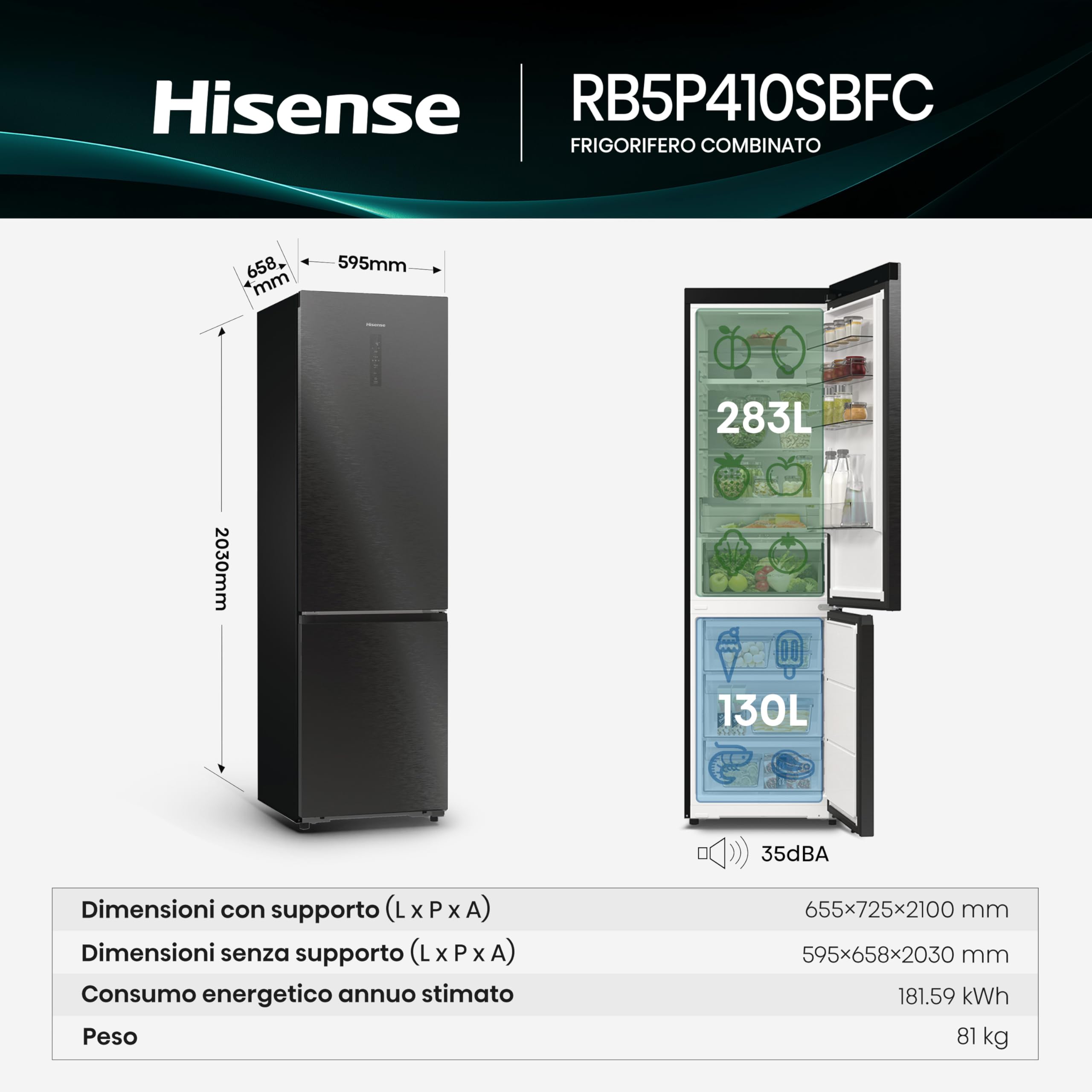 Hisense RB5P410SBFC Frigorifero Combinato Total No Frost, Nero Inox, 203x65,8cm, Classe C, 413L, large capacity, wifi, metal tech cooling, porta reversibile