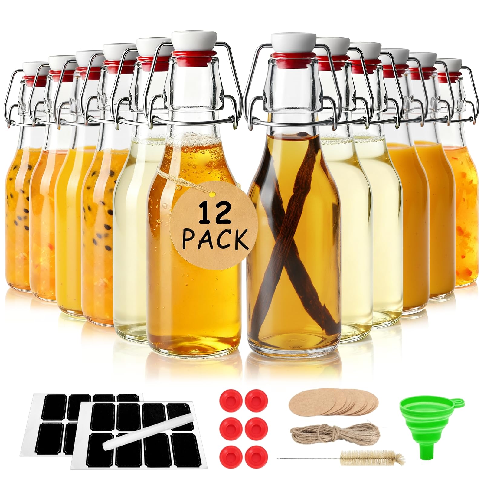Ruckae 12pack 8.5oz Swing Top Glass Bottles with Airtight Lids for Vanilla