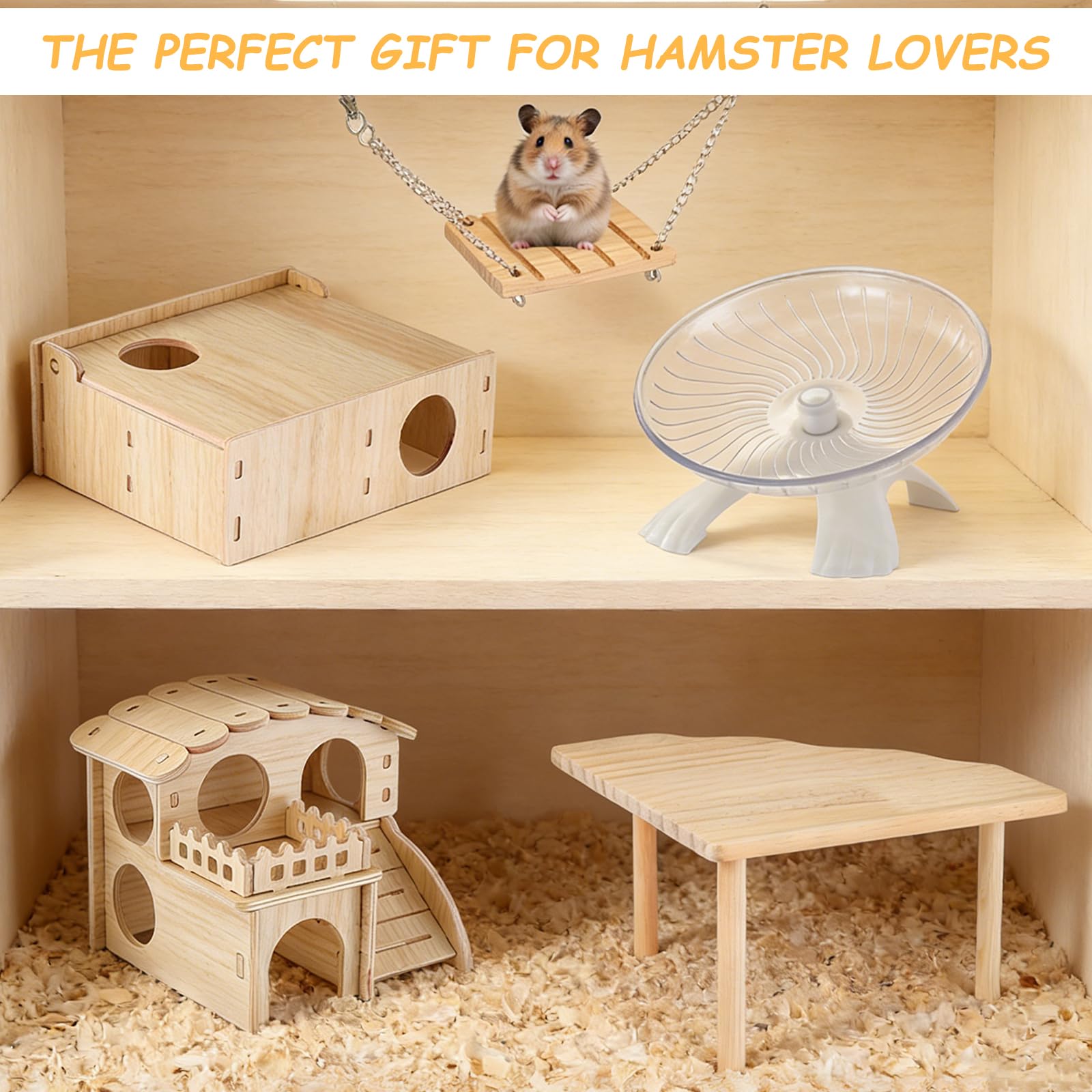 Hamsterspielzeug Komplettset - Geräuschloses lautloses Laufrad, Labyrinth-Holzhaus, Ständer, Kauspielzeug & Wasserflaschenkäfig-Zubehör für Hamster, Ratten, Mäuse, Kleintier-Lebensraum