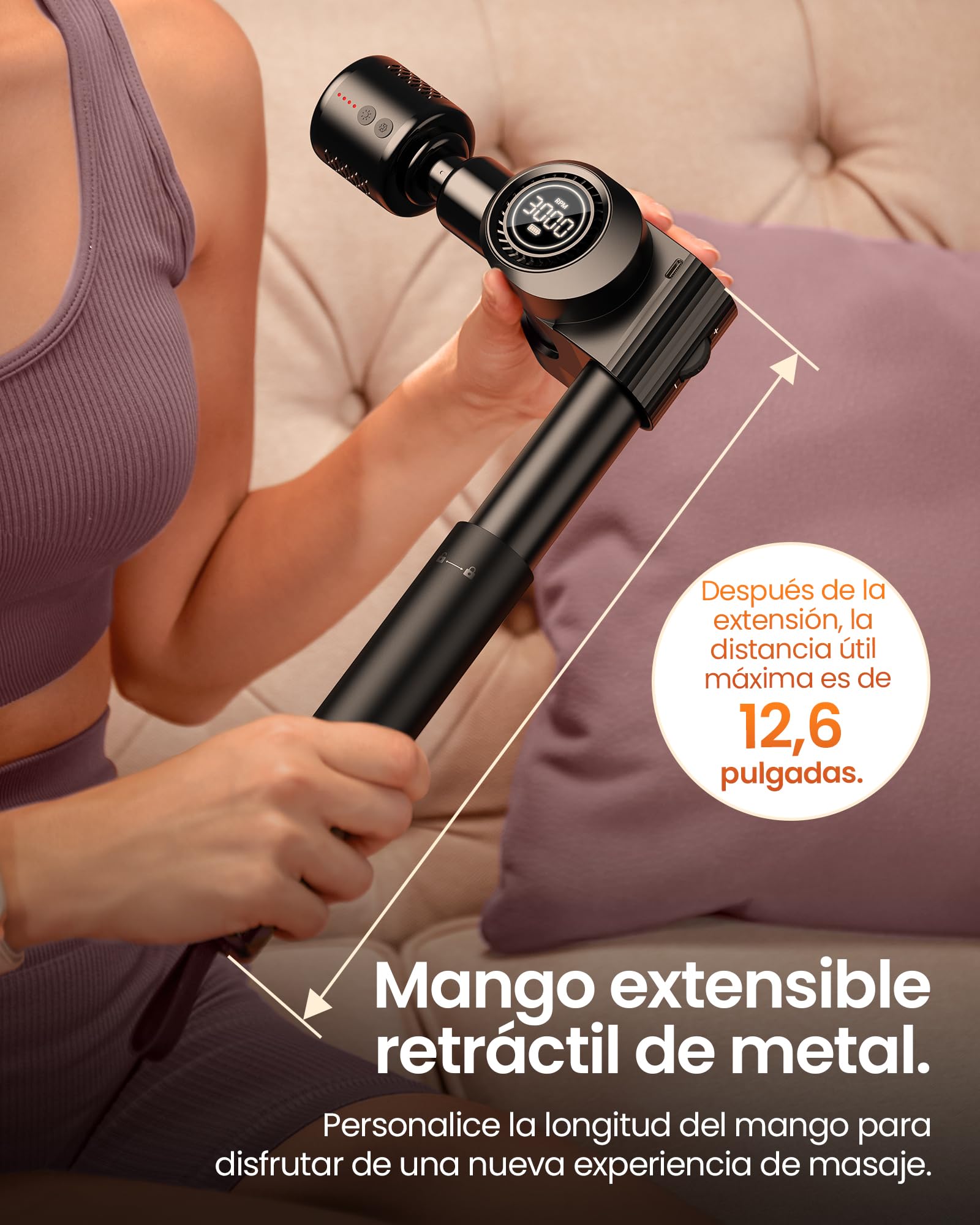 Pistola de Masaje Muscular Calor y frío,Napre Pistola Masaje Massage Gun con Mango Extensible,32 Velocidades Pistola Masajeadora Muscular Cervical y Espalda,Plegable,5 Ángulos Ajustables,LED Screen