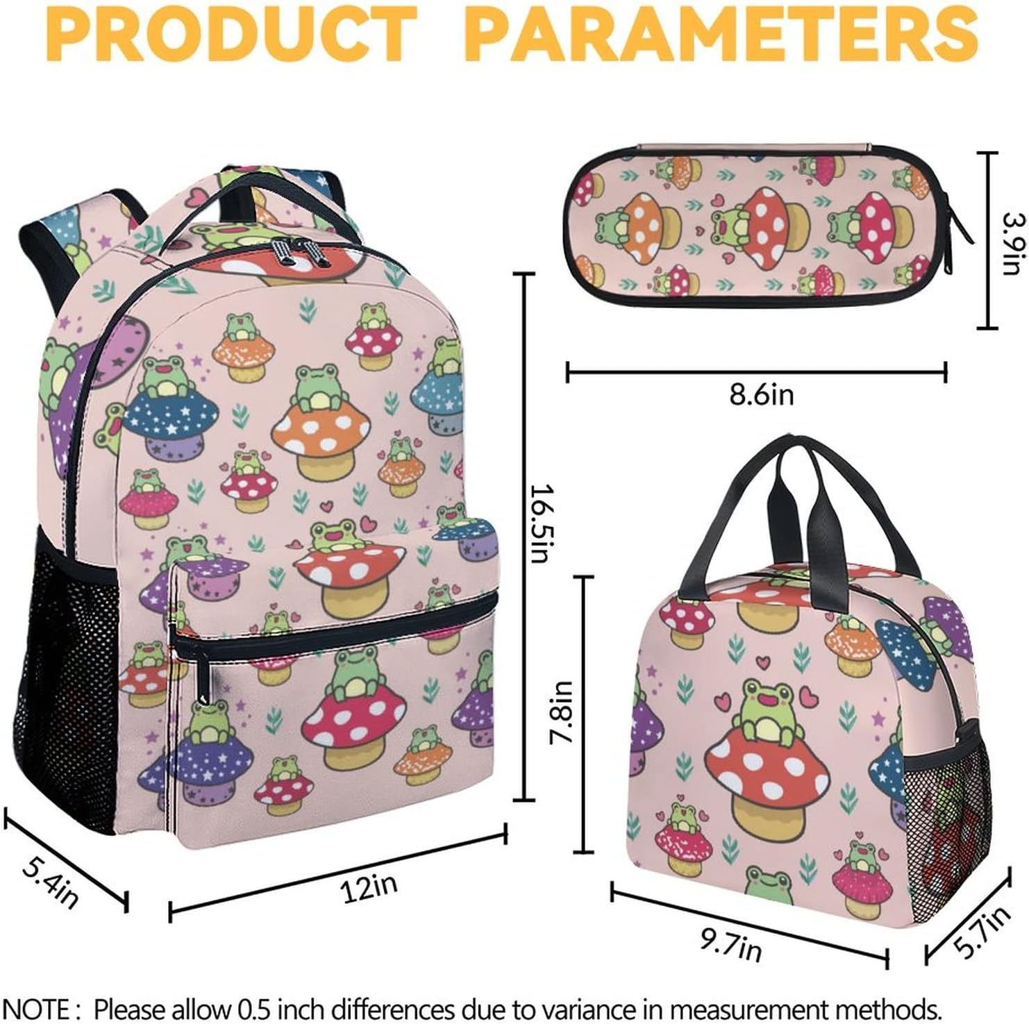 Bookbag Bundles with Lunch Box and Pencil Case Set, Frog Backpack for Girls, Pink Schoolbag Combo for Kids, Cute Backpacks and Pencil Pouch Lunch Bag for Elemrntary