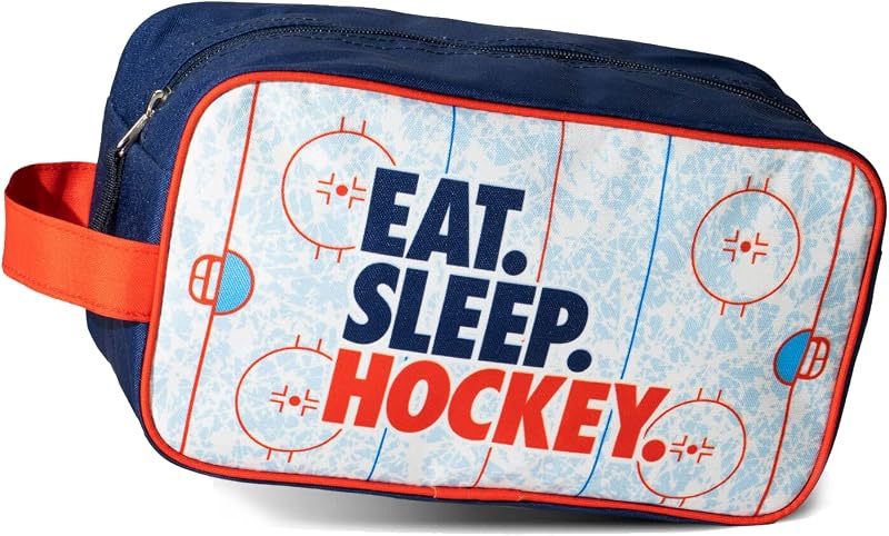 Hockey Toiletry Bag - Eat Sleep Hockey - Ice Rink | Polyester, Center Zipper, Side Handle, 11 x 6 x 5 Inches, Sports Camp Bag, Pencil Case, Dopp Kit, Hockey Gift