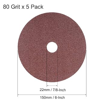 uxcell 6インチ x 7/8インチ 酸化アルミニウム樹脂ファイバーディスク、センターホール 80グリットサンディング研削ディスク、5パック