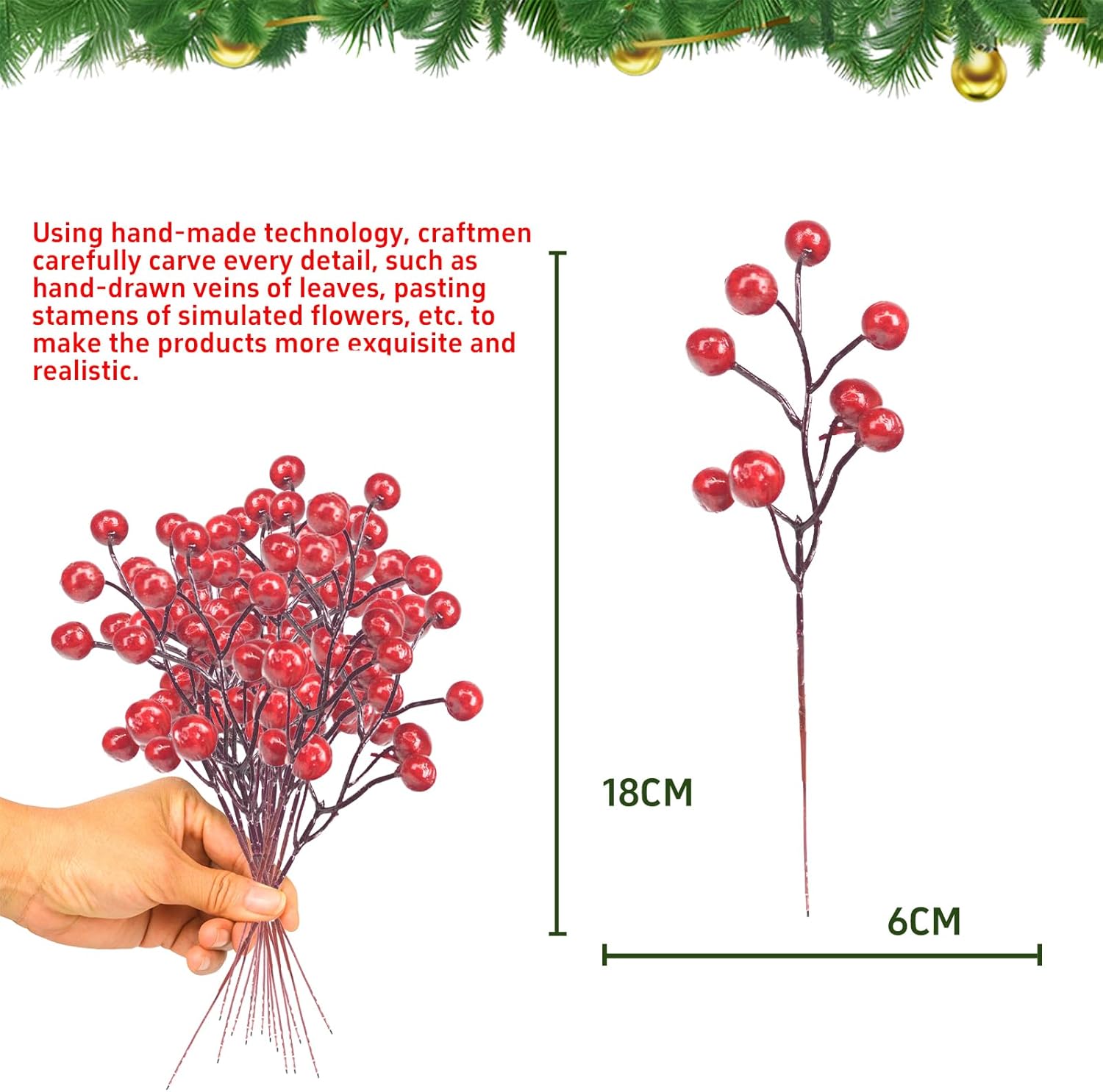 36 Pcs Pine Branches with Red Berries and Cypress Grass - 18 Inch Artificial Pine Branches, Fake Foliage Pine Needles Picks for DIY Craft Garland Home Decor