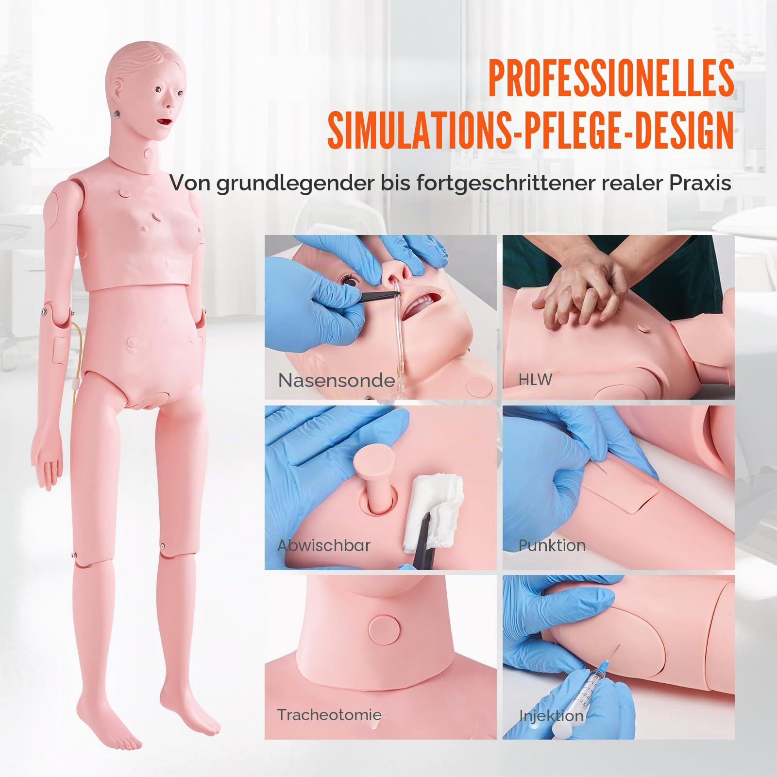 VEVOR Weibliche Krankenpflege Übungspuppe Multifunktional Patientenversorgungssimulator 1530 x 450 x 210 mm, Multifunktionale Ausbildung Pflege-Trainingspuppe Gleichmäßige Skalenformen Übungspuppe