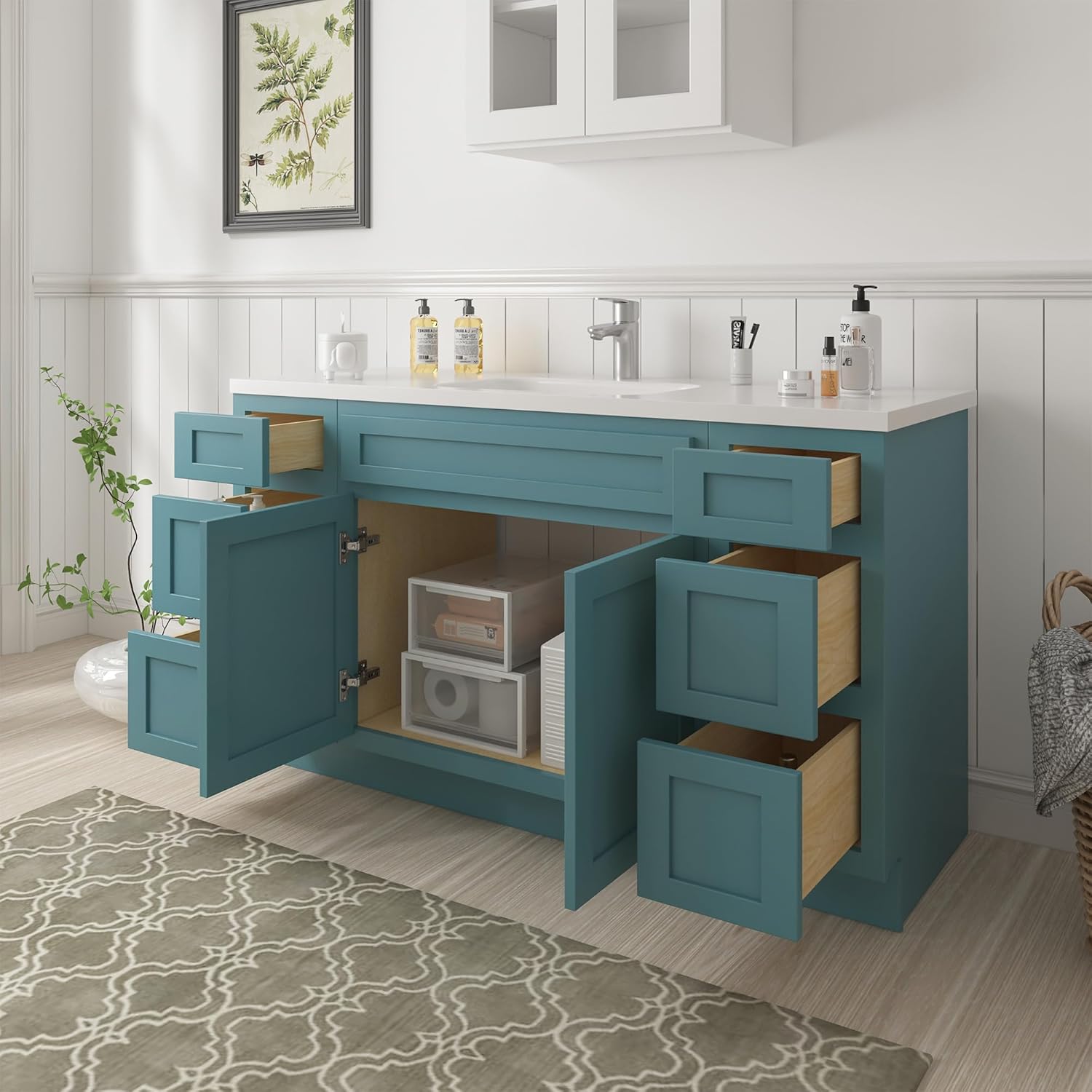 Vanity Art 63 Inch Bathroom Vanity Base Only, Single Sink Bathroon Vanity Cabinet with Dove-Tailed Drawers, Soft-Closing Doors, Without Top