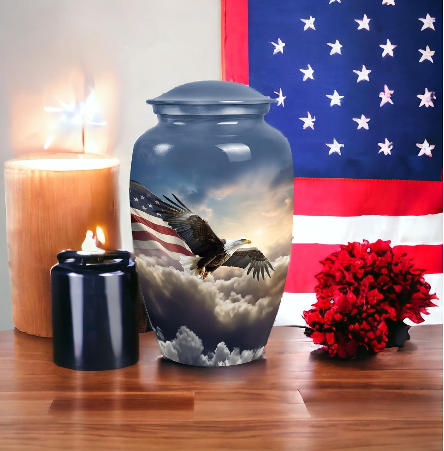 Eagle American Flag Flying Urn - Urns for Human Ashes Adult Female - Small Urns for Human Ashes - Urn for Ashes Adult Male - Urn for Ashes for Women - Blue Urns Combo 10inch & 3inch