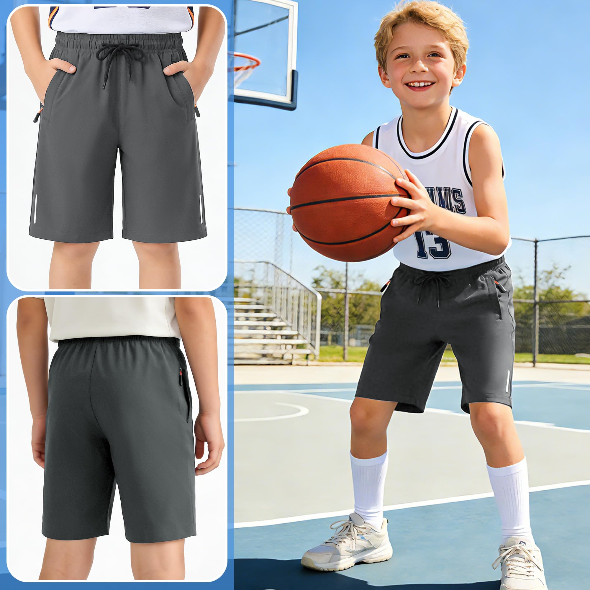 Pantalones Cortos Niños Verano, Secado Rápido Ligero Pantalón Corto Deportivos con Bolsillos con Cremallera y Cintura Elástica Cómodos Casual Deporte Shorts para Infantil 5-13 Años