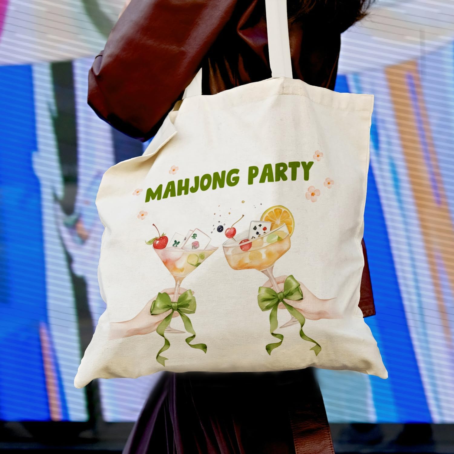 Mahjong Cocktail Tote Bag,Mahjong Lovers Players Gifts Canvas Tote Bag for Women,Coquette Green Bow Cocktail Reusable Grocery Shopping Bags - Image 2