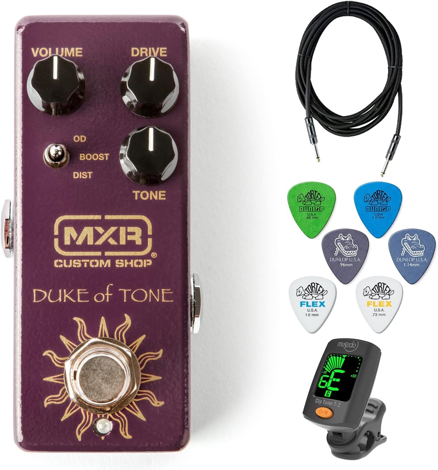 MXR CSP039 Duke of Tone Overdrive Bundle with Instrument Cable, 6 Dunlop Picks, and Tuner