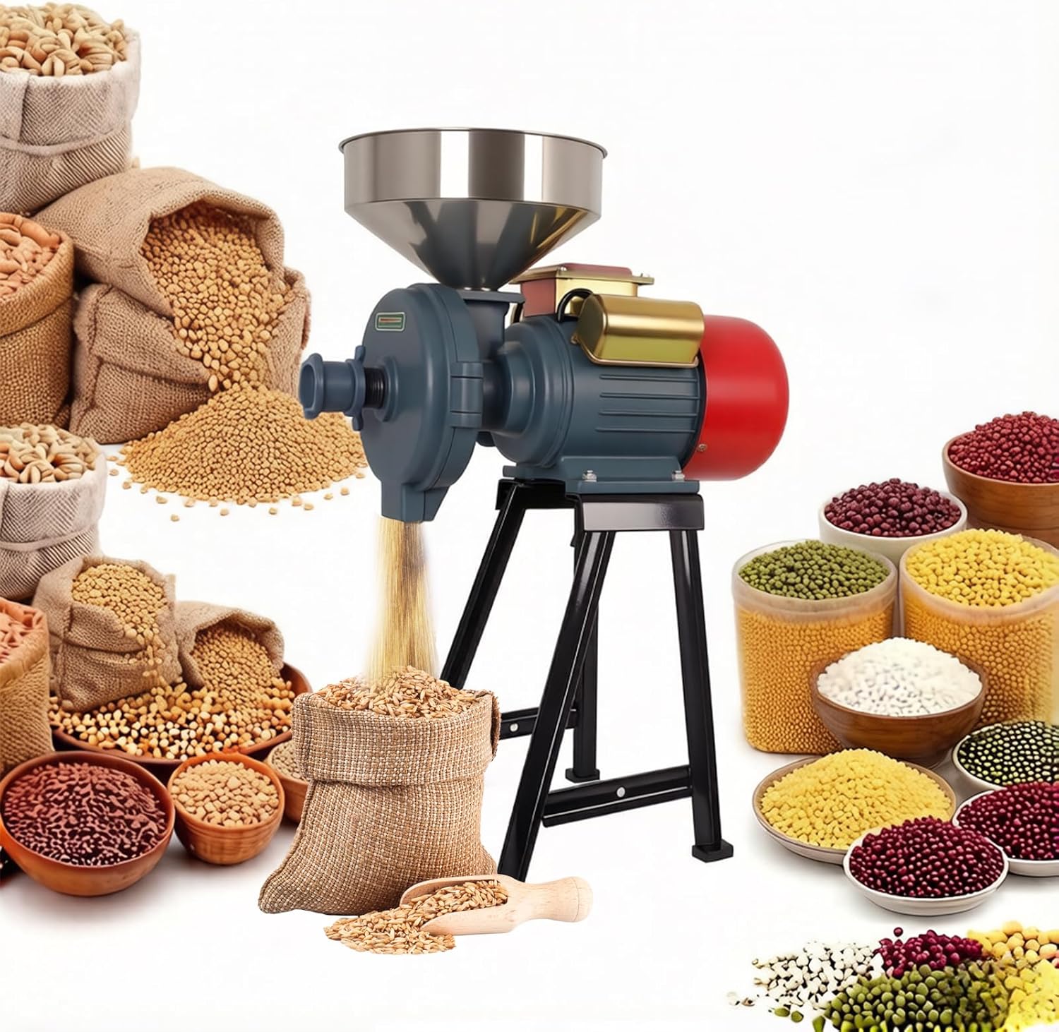 Molinillo de grano comercial de 3000 W, molinillo de maíz eléctrico seco y húmedo con embudo, molinillo de maíz ajustable de grosor, molinillo de especias