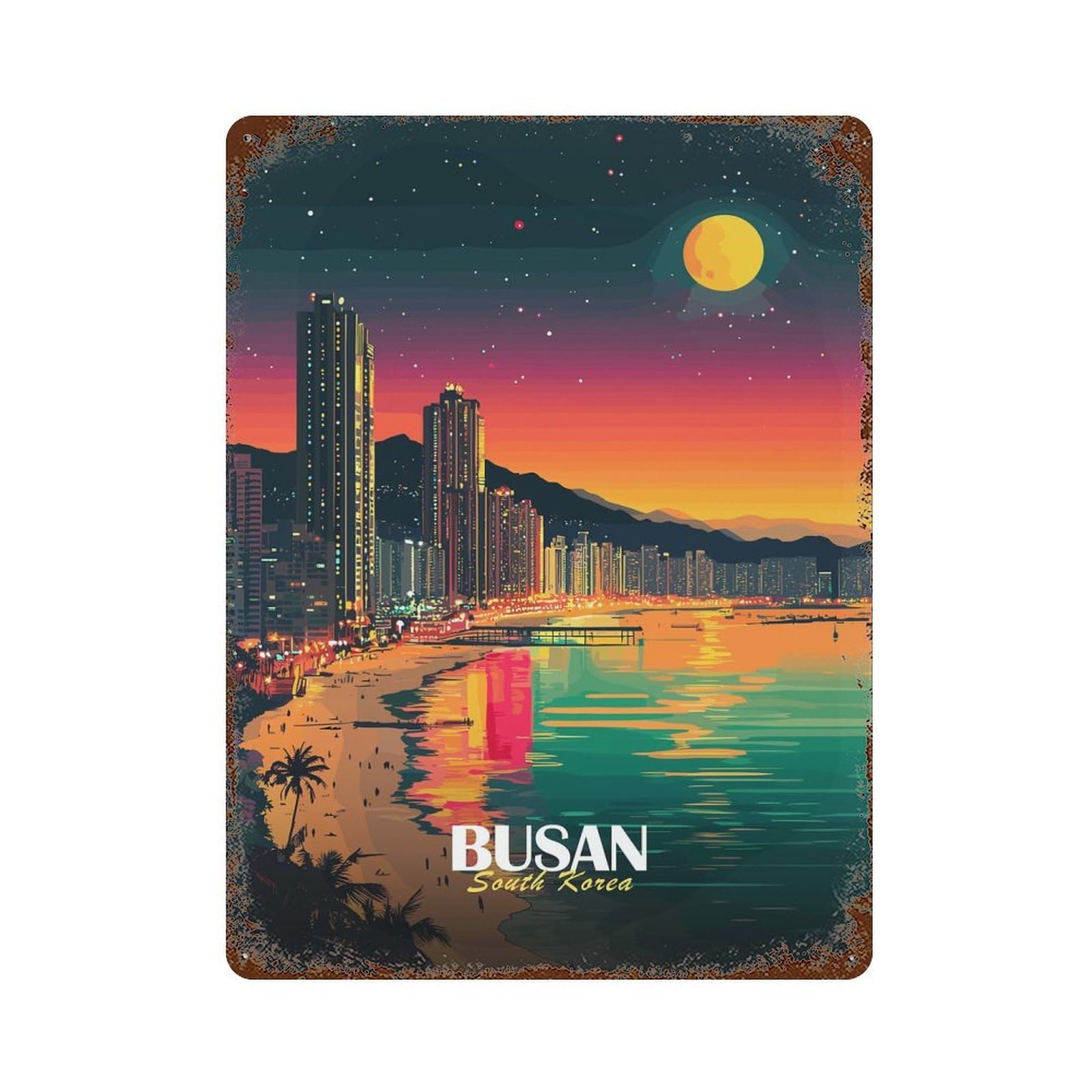 Rust Effect Busan South Korea Night Cityscape Distressed Metal Wall Sign 15.7"x11.8", Decorative Metal Wall Art for Living Room, Hallway And Home Decor
