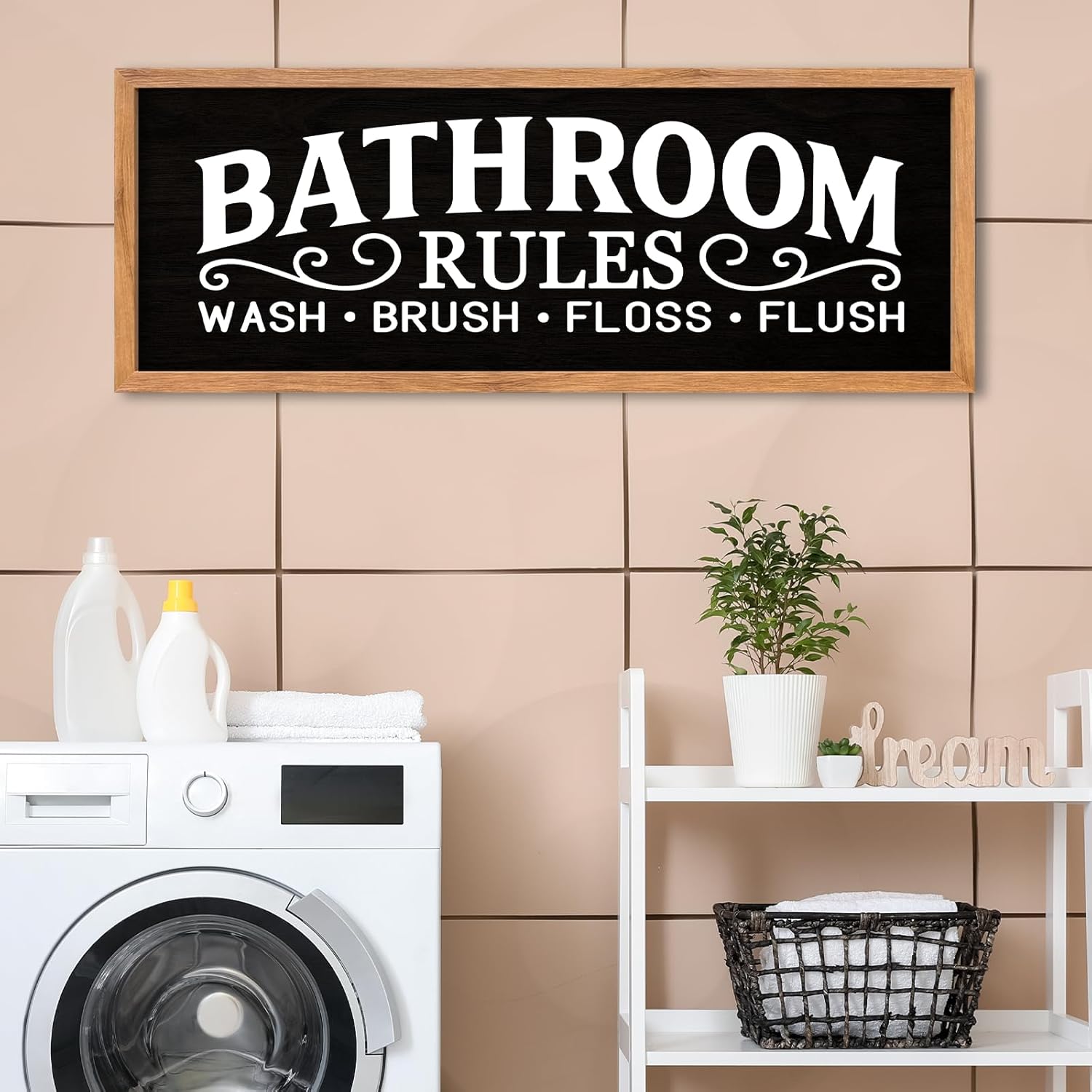 AuraPeak Bathroom Rules Wash Brush Floss Flush Wall Decor Funny Wooden Quote Sign Home Farmhouse Laundry Room Restroom Toilet Shelves Hanging Art Wall Decor (Wood Black 32"×12")
