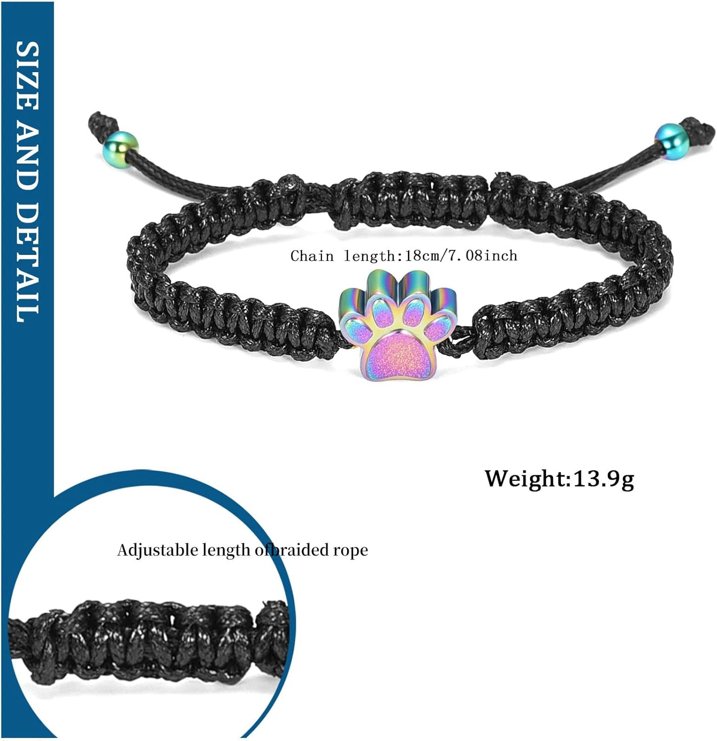 Cremation Bracelet for Ashes Paw Print Urn Jewelry Braided Rope Adjustable Bangle Keepsake Pet Dog Cat Ash Holder Memorial Gift-Colorful