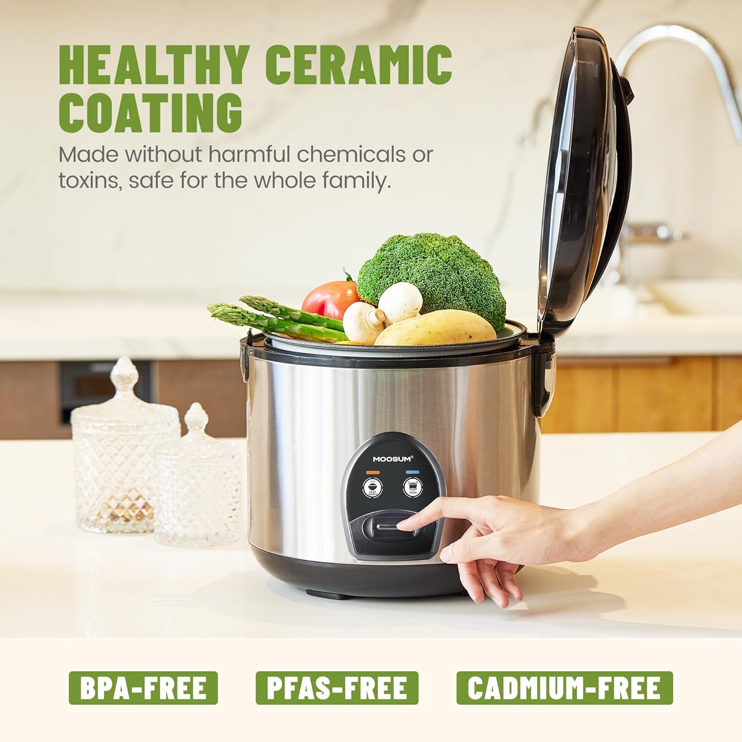 10-Cup Uncooked Rice Cooker & Food Steamer - Ceramic Coating Non-Toxic Inner Pot, One-Touch Multifunction for Rice/Sauté/Yogurt, Dishwasher Safe, 3-10 Family Size, Stainless Steel