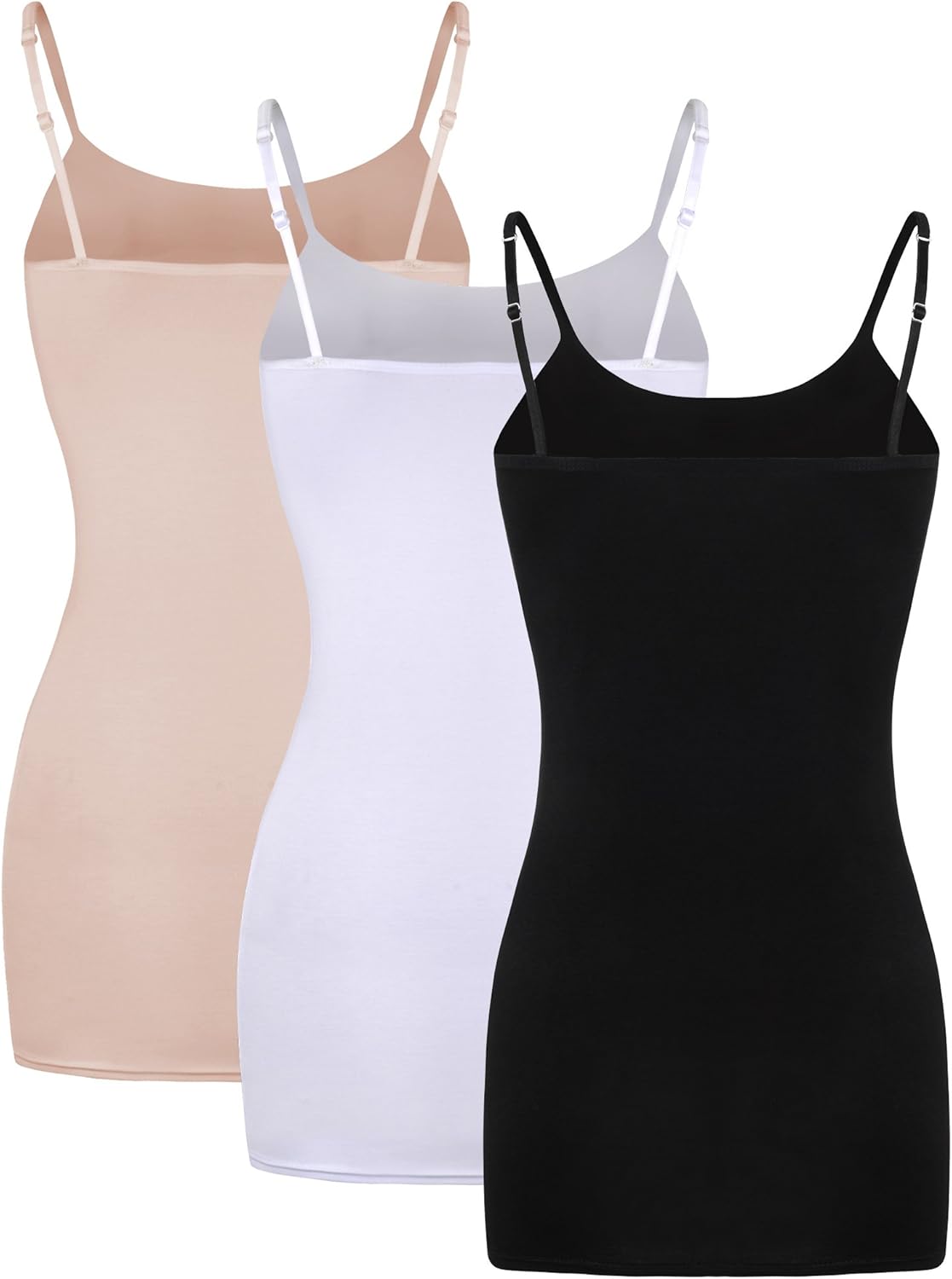 WILLBOND 3 Pieces Women Basic Long Tanks Adjustable Spaghetti Strap Camisole Top (Large, Skin Color, White and Black) - Image 5