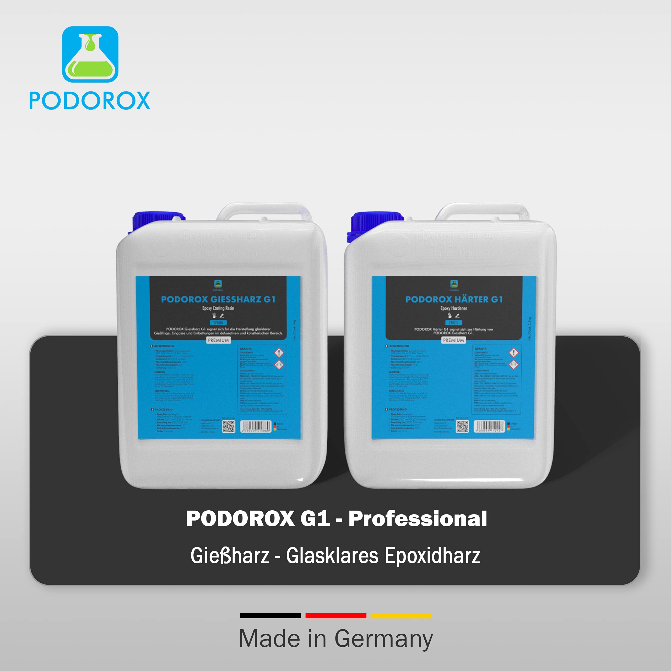 Epoxidharz Gießharz mit Härter | 60 kg PODOROX G1 | glasklar und geruchsarm | Zum Gießen | glasklar und transparent | Komplett für Anfänger und Profis | Epoxidharz Resin Set | Epoxyharz| Resin Set