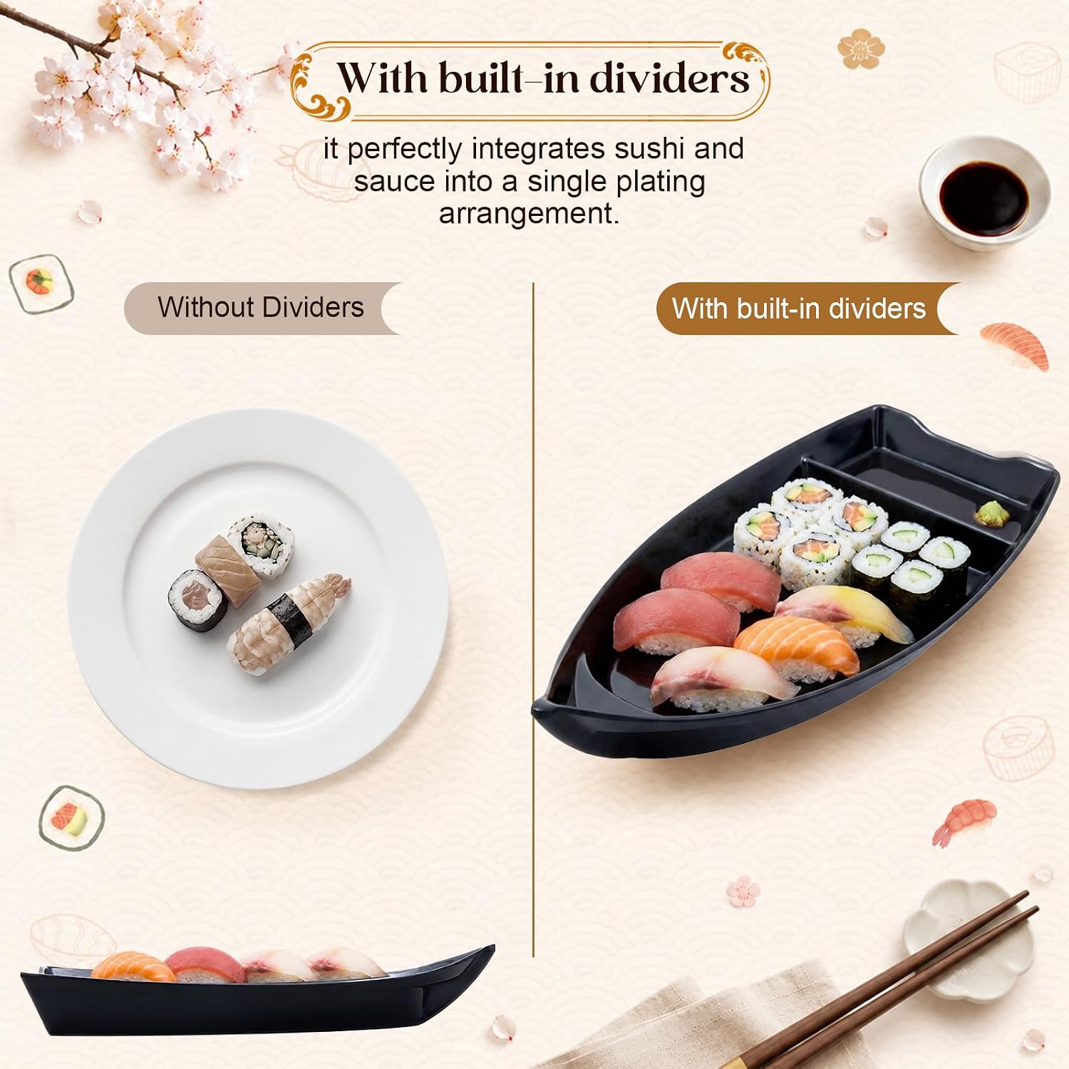4 Pack Sushi Boat Plates 10 Inch Melamine Tray