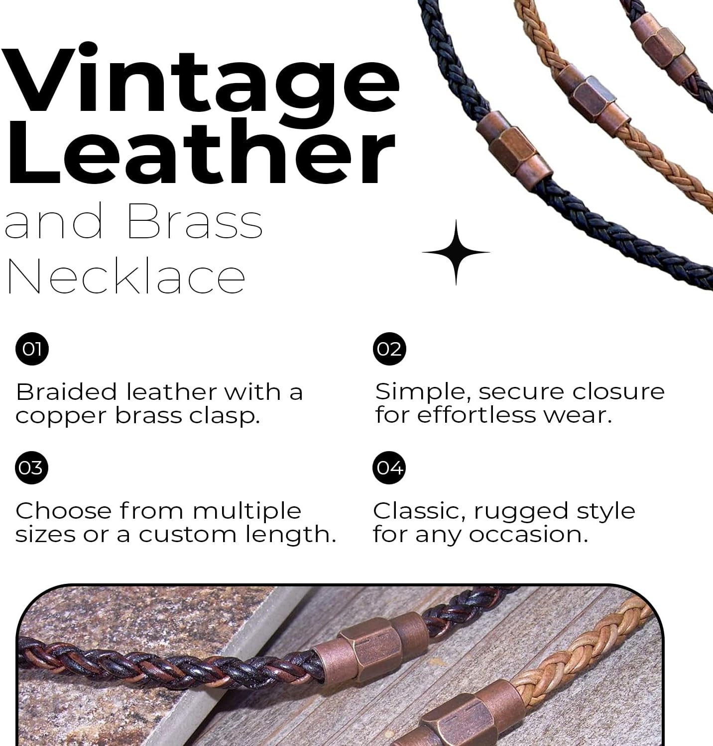 Handmade Braided Leather Necklace – Copper Toned Brass Magnetic Clasp Chain for Men - Genuine Antique Brown Leather Necklace for Women - 16,18,20 inch or Custom