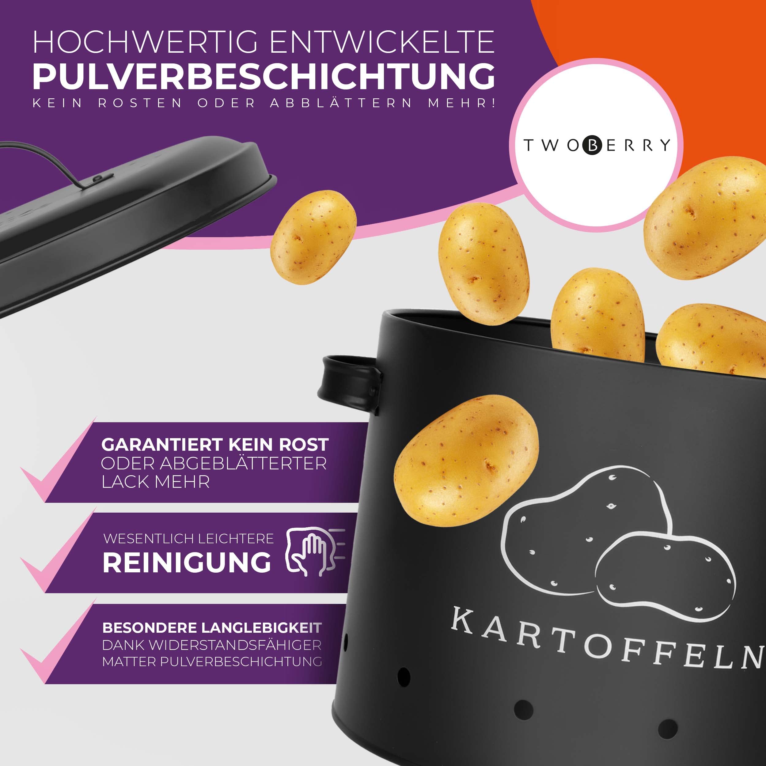 TWOBERRY Kartoffel Aufbewahrungsbox [3er Set] inkl. Sparschäler- längere Haltbarkeit durch 360° Luftzirkulation - Zwiebel Aufbewahrung, Kartoffel Aufbewahrung & Knoblauch Aufbewahrun Küche