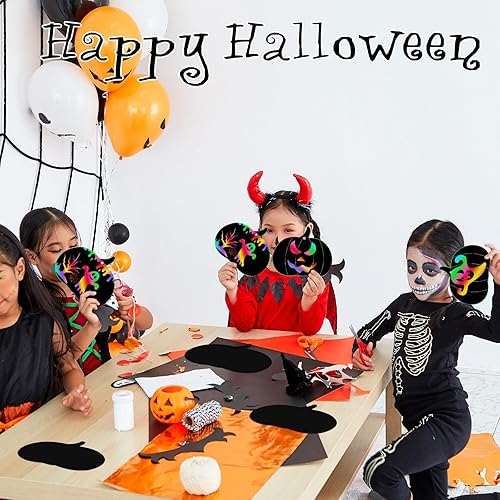 Miniatura 6 de Jenaai Kit de manualidades de papel para rascar de Halloween, 150 piezas de tarjetas de rascar de calabaza con lápiz óptico y cintas de madera, kit