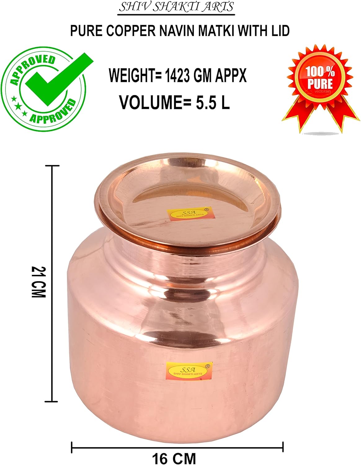 SHIV SHAKTI ARTS® Pure Copper Pot | Matka Container with Lid and Glass 5.5 Litre Water Storing Capacity, Leak Proof,100% Pure Copper for Drinking Purpose
