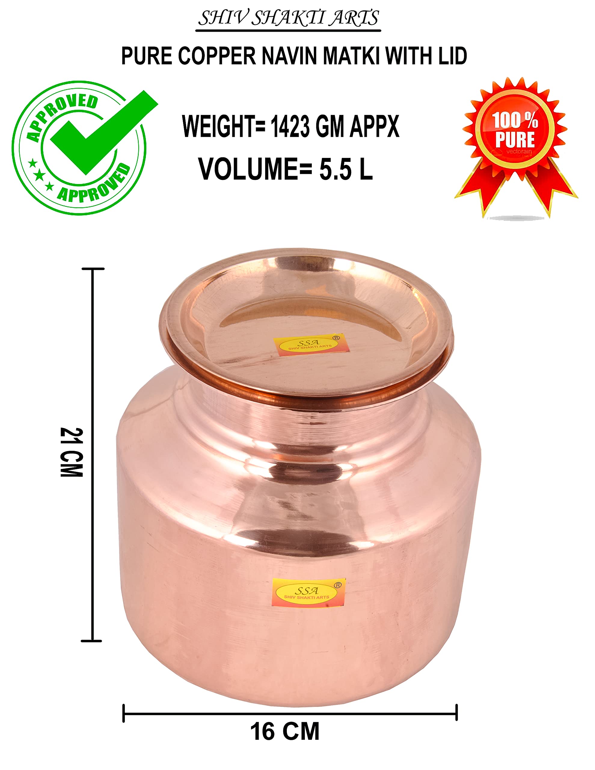SHIV SHAKTI ARTS® Pure Copper Pot | Matka Container With Lid 5.5 Litre Water Storing Capacity, Leak Proof,100% Pure Copper for Drinking Purpose