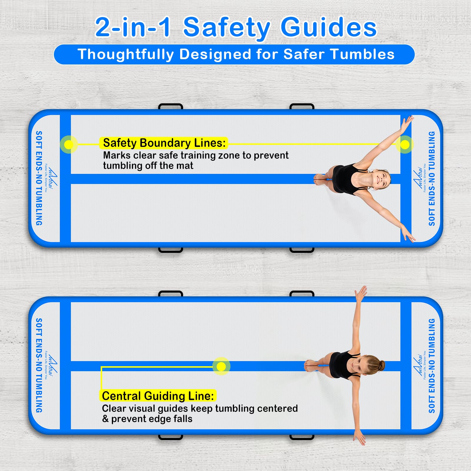 Aufblasbare Luftgymnastikmatte Trainingsmatten mit 2-in-1-Sicherheitslinien