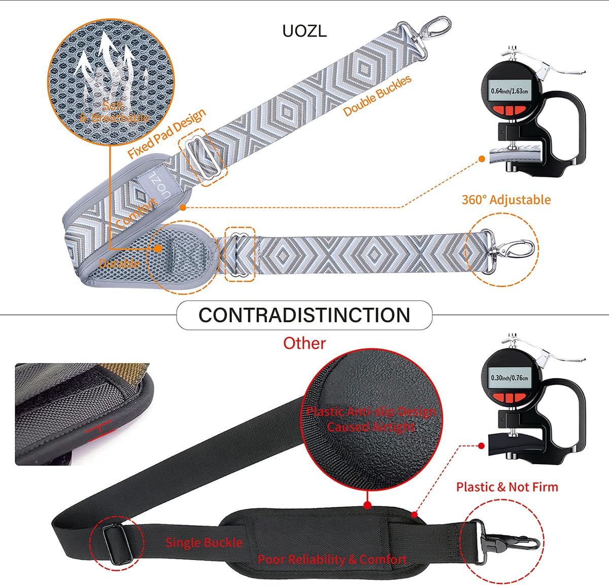 59 Inch Shoulder Straps, Soft with Ultra-Thick Fixed Shoulder Pad, Two Way Independently Adjustable Buckle Replacement Straps for Laptop Bag Messenger Bag Tool Bag Luggage,Grey Black image 3