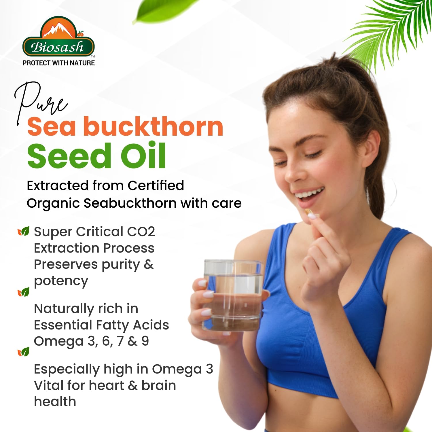 Biosash Sea Buckthorn Seed Oil Capsules 30 Caps | CO2 Extracted from Certified Organic Berries | Omega 3 6 7 9 | Liver Health | Rich in Antioxidants & Vitamins | Skin, Hair, Immunity & Wellness |