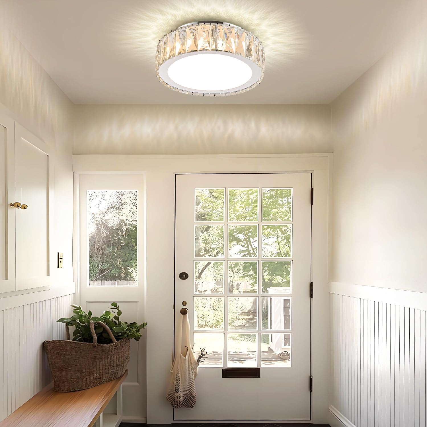 Modern 11 Inch Luxury Crystal Ceiling Light Fixture,Dimmable 3000K-6500K Adjustable LED Lighting Fixtures,Chrome 24W Round Small Chandelier for Kitchen,Bedroom,Laundry Room, Hallway