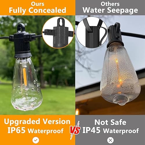 Vista 15 de ZOTOYI Tira de luces para exteriores de 50 pies, luces de patio con 27 bombillas LED de plástico ST38 Edison (2 de repuesto), impermeable IP65