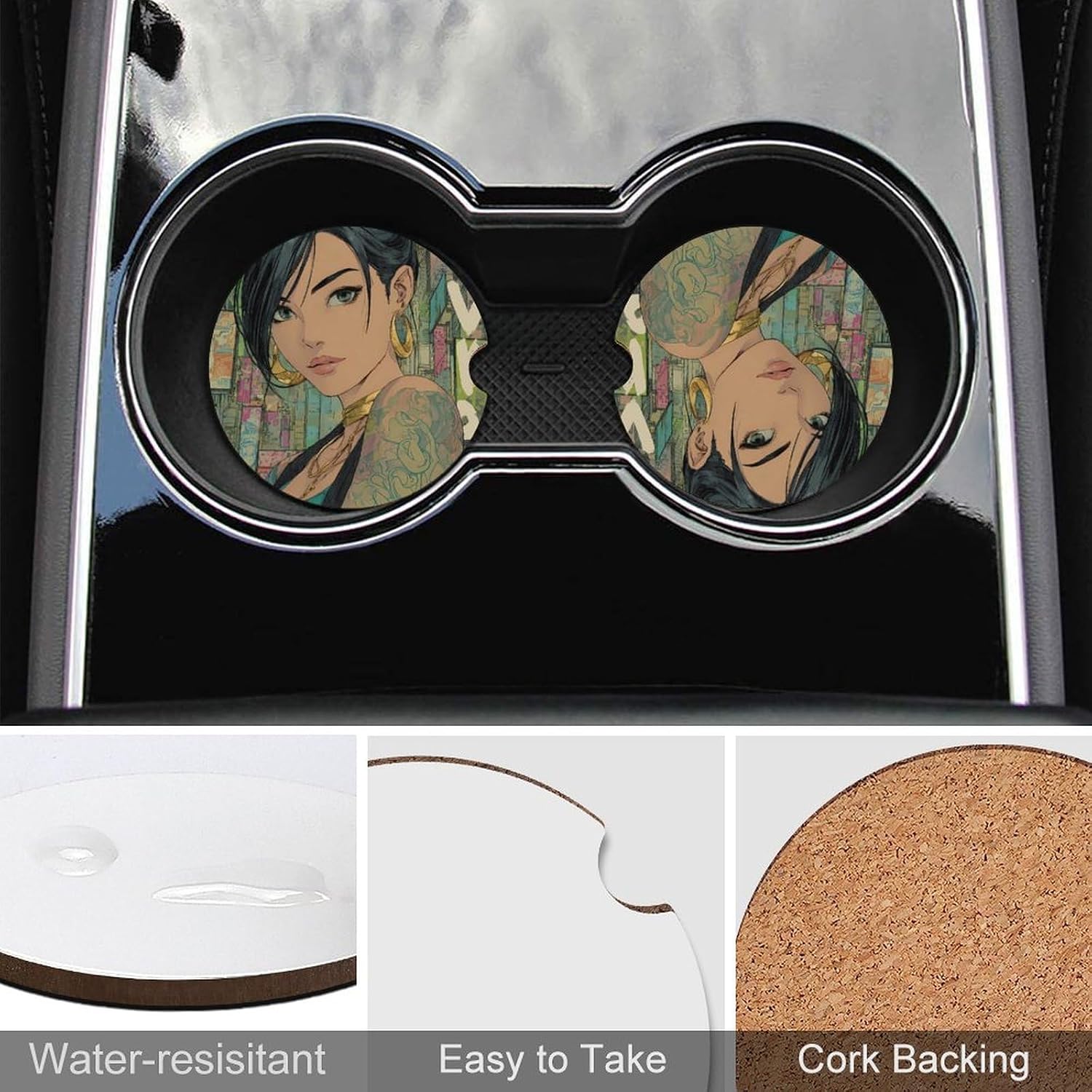 Anime Womens Cute Car Cup Holder Coaster Anti Slip Absorbent Accessories Interior image 5
