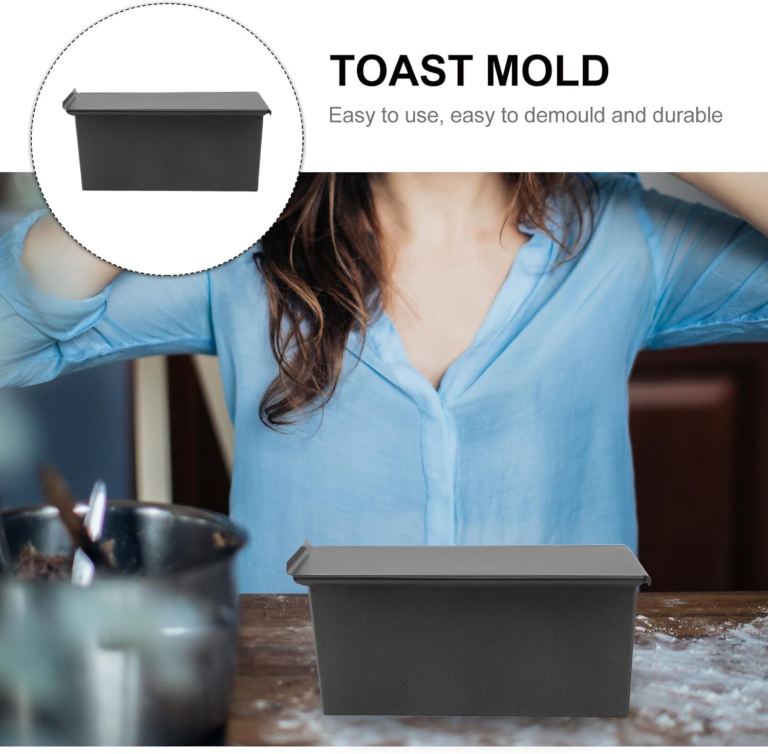 Black Non-stick Loaf Pan with Sliding Cover Pullman Bread Baking Mold Bread Toast Box for Home Kitchen Bakeware
