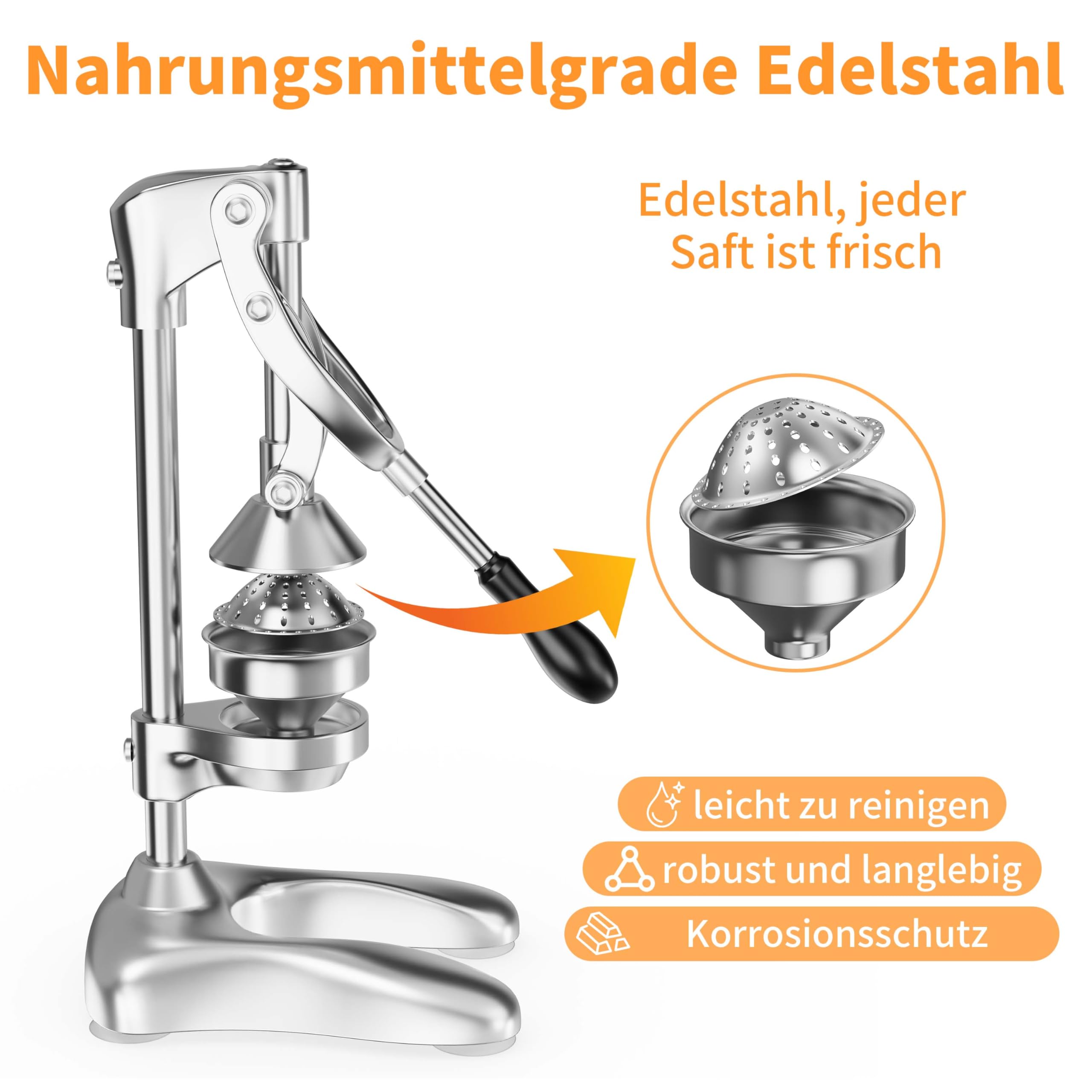 professionelle Zitruspresse,manuell bedienbare Zitruspresse für Orangen, Zitronen, Granatäpfel, Grapefruits,wartungsfrei,robuster und strapazierfähiger (Silber)