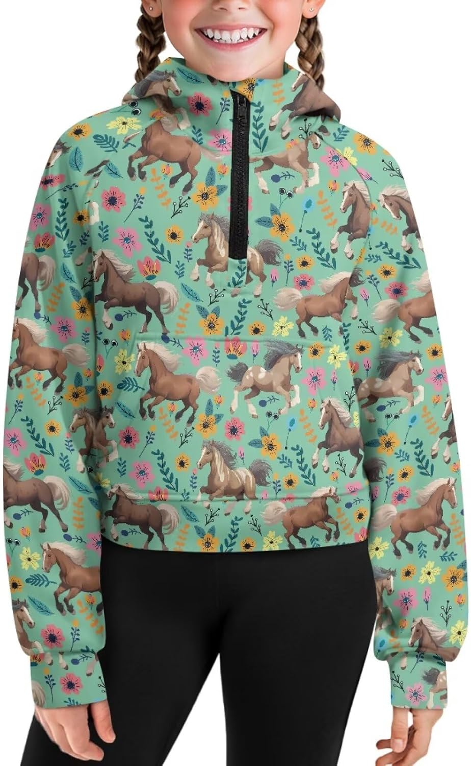Girls Sweatshirts Half Zip Collar Sweatshirts Long Sleeve Pullover Top with Pocket