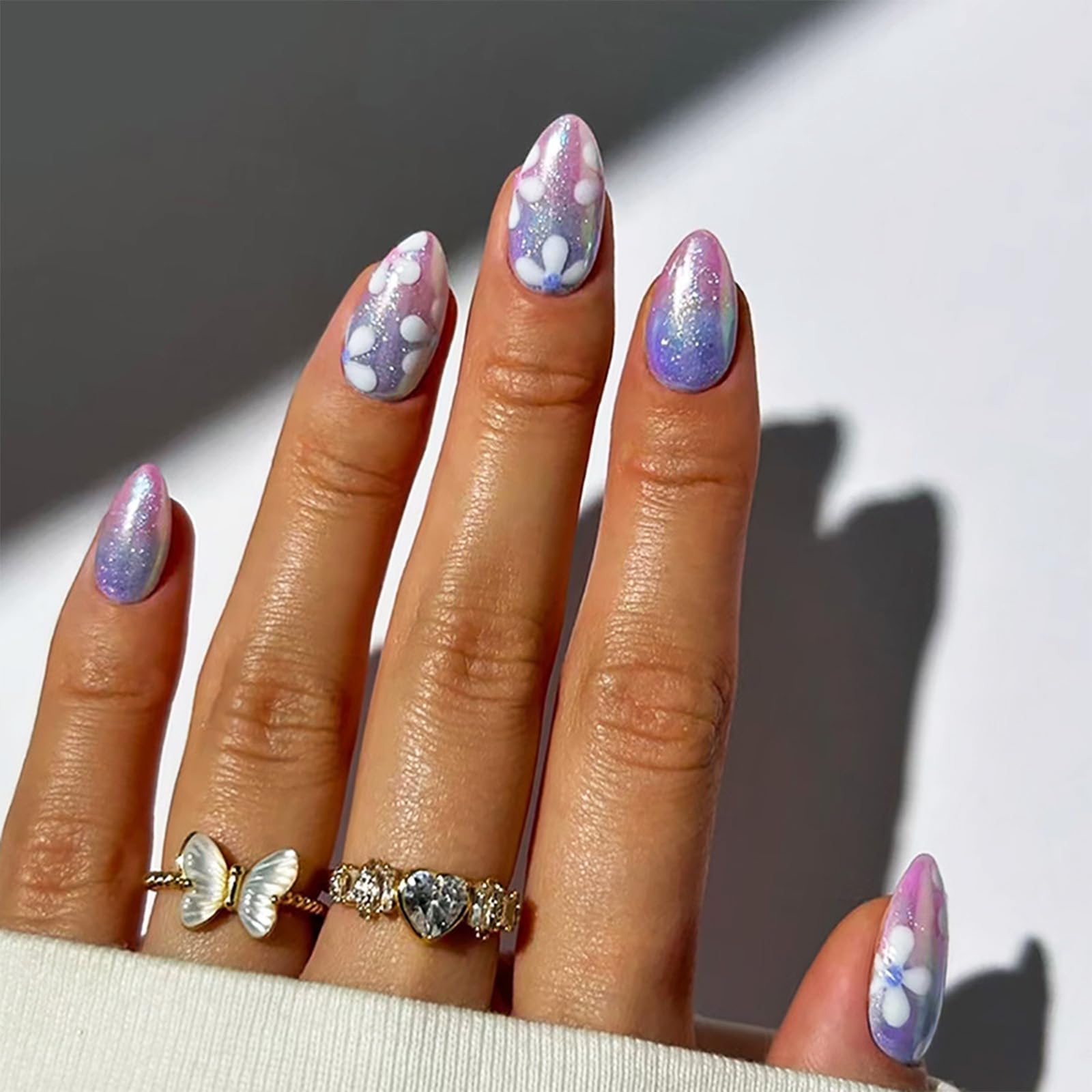Pink Gradient Cat Eye Press on Nails Glossy Blue Ombre Cat Eye Acrylic Fake Nails 24Pcs White Flower False Nails Gel Glue on Nails for Manicure Cat