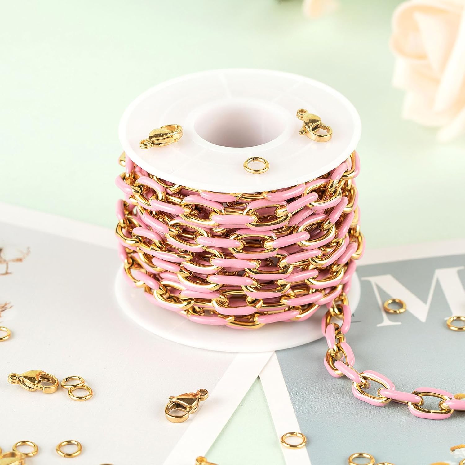 UMAOKANG 2 Meters Pink Enamel Paperclip Chains for Jewelry Making Gold Plated Stainless Steel Jewelry Chain for Necklace Bracelet DIY Jewelry Supplies Findings
