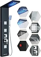 Black LED Shower Panel Tower Wall Mounted Rainfall System with 3 Adjustable Jets & Handheld - Spa Luxury Upgrade