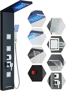 Black LED Shower Panel Tower Wall Mounted Rainfall System with 3 Adjustable Jets & Handheld - Spa Luxury Upgrade