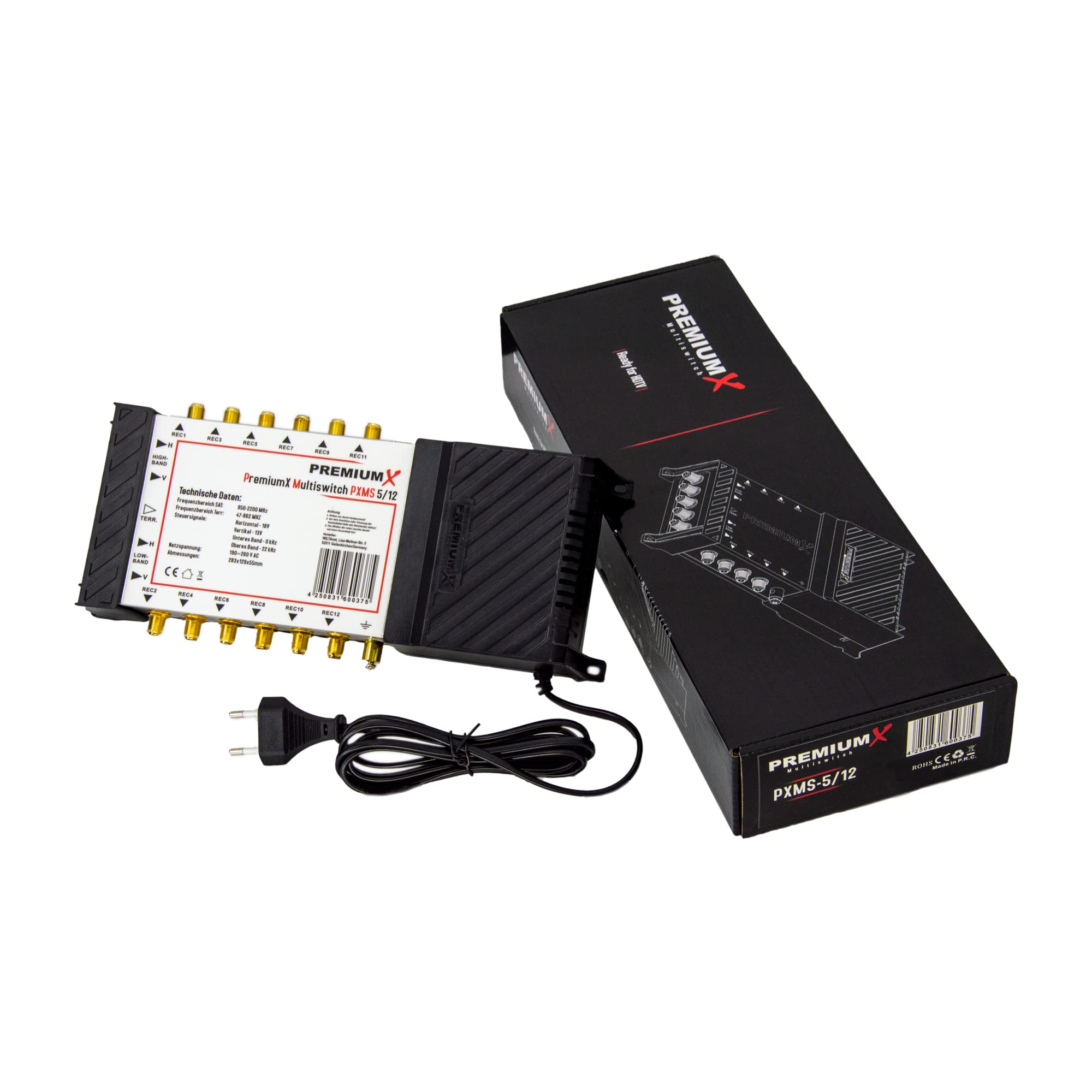 PremiumX PXMS Multiswitch 5/12 avec Alimentation - Distributeur de signaux satellitaires pour 12 utilisateurs - Prend en Charge la télévision numérique HDTV FullHD 4K UHD 8K