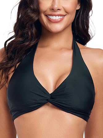 Womens Twist Front Wide Halter Bikini Top V Neck Padded Swim Top | Triangle Tops, Ruched, Removable Padded, Wirefree, Adjustable Halter and Back Ties, Bathing Suit Top