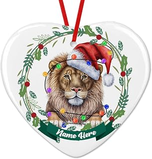 Dinoz Merry Christmas Lion Animal Lover, Santa Claus Hat Tree Animal Personalized Name Both Sides Print Ceramic Ornament Heart Keepsake Gift Decor