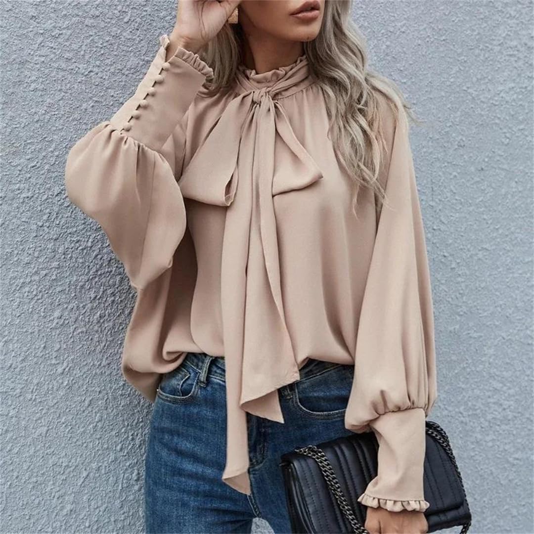 Damen-Bluse mit Schleife und Schleife, einfarbig, langärmelig, lässig, elegant, Chiffon-Bluse