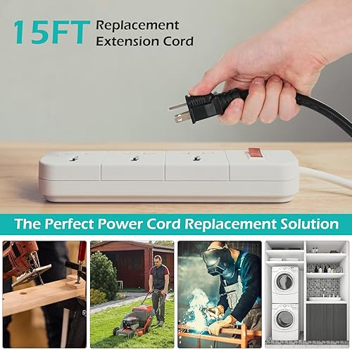 Miniatura 3 de Cable NEMA 5-15P de 15 pies a 3 cables 12AWG, cable de fuente de alimentación de repuesto ZDHQLHJ de 15 amperios, cable de extensión de 3