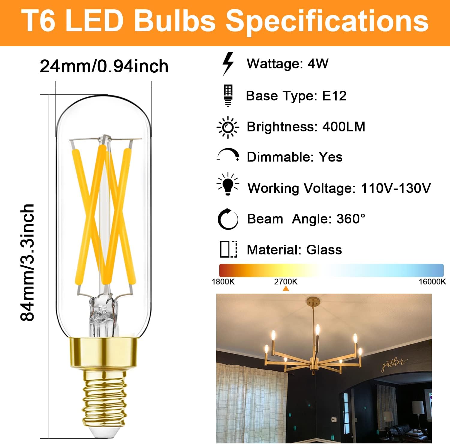 E12 LED Bulb Dimmable, 4W Equal 40W E12 Candelabra Bulbs, Warm White 2700K, T6 T25 E12 Edison Bulb, 120V 400LM E12 Light Bulb, LED Filament Candle Bulb for Chandelier, Ceiling Fan, Wall sconces,6 Pack