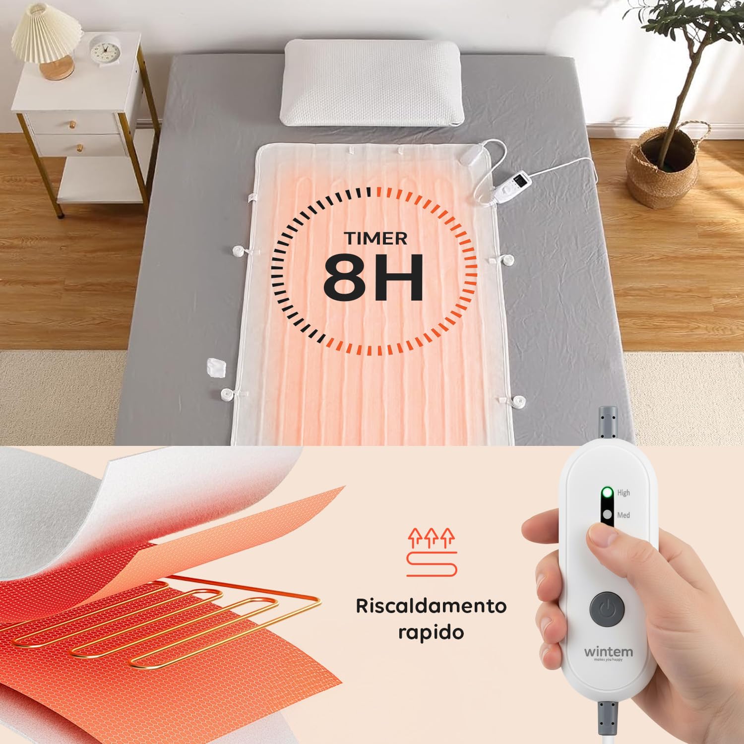 Wintem - Comfy+, Coprimaterasso Scaldaletto Singolo 150x80 cm Termico, Coperta Termica elettrica con 4 livelli di temperatura, Termocoperta