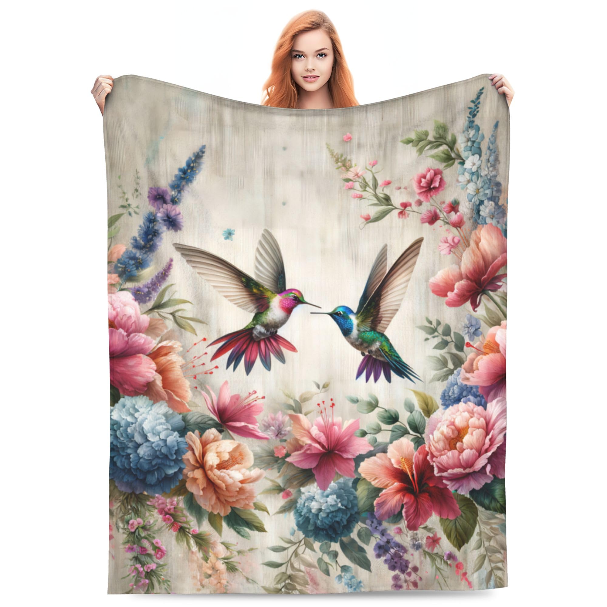 VODRM Retro Hummingbird Floral Blanket Gifts for Women Soft Warm Lightweight Cozy Spring Flower and Birds Vintage Throw Blankets for Bed Living Room