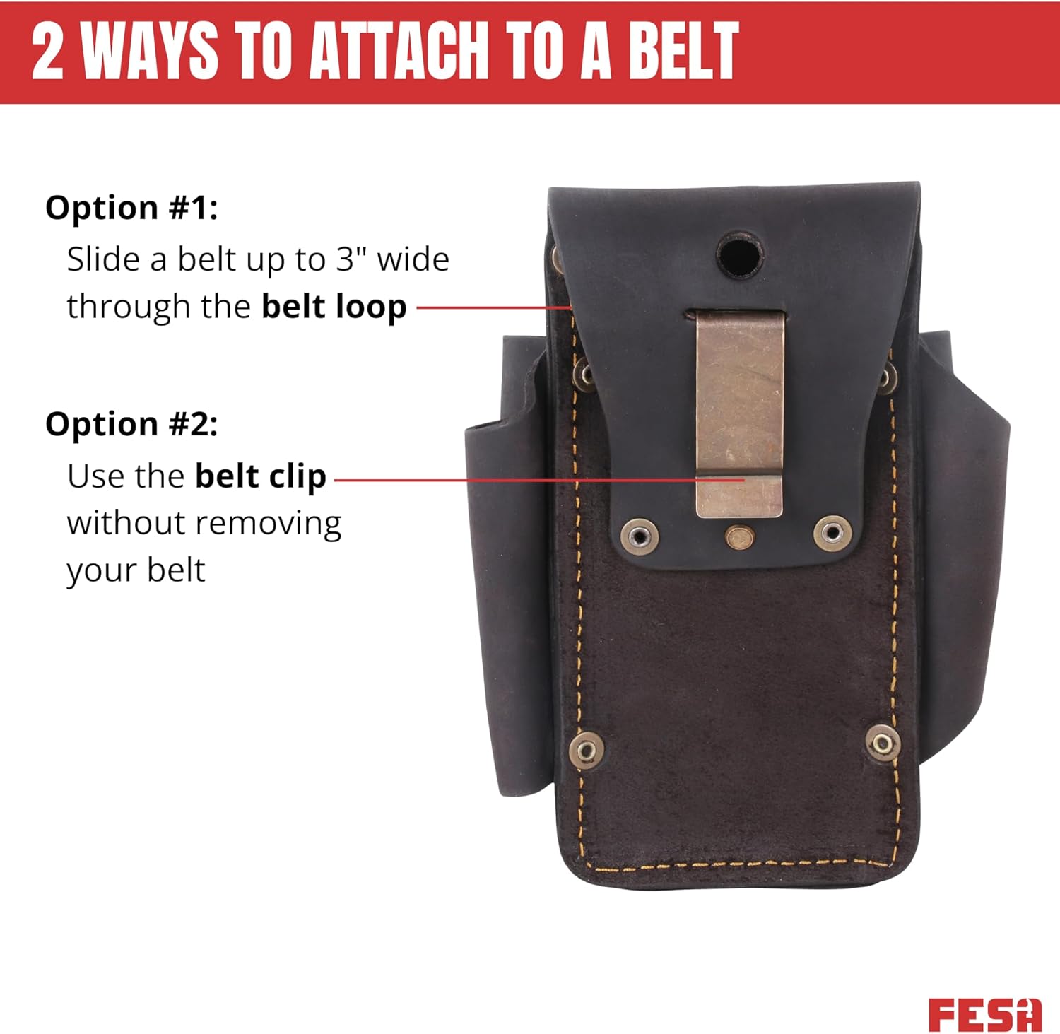FESA Small Leather Tool Pouch - 4-in-1 Heavy Top Grain Leather Small Tool Pouch with a Tape Measure Holder, 3 Pockets & Reinforced Heavy Duty Rivets - Fits Belts up to 3" - Handcrafted