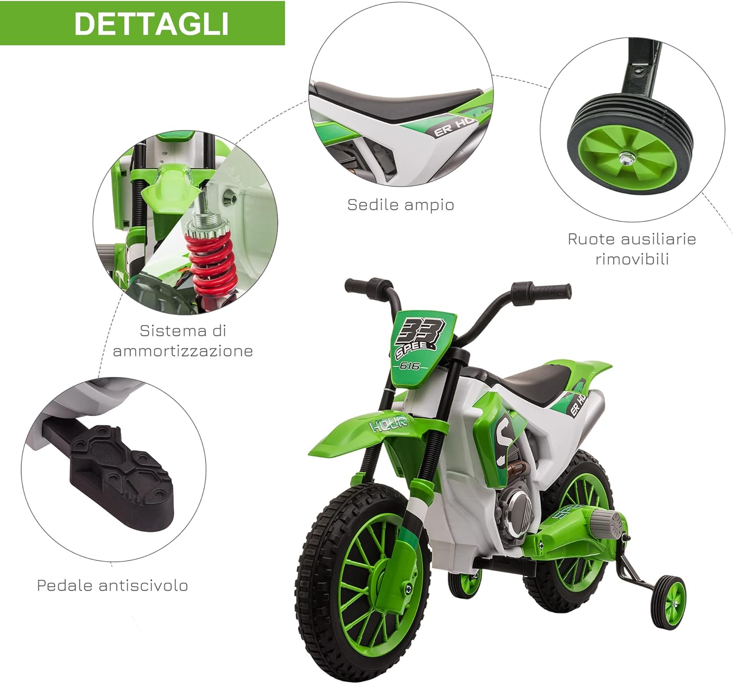 Detailed view of the HOMCOM Electric Dirt Bike showing the wide seat, removable training wheels, shock absorption system, and anti-slip pedal.